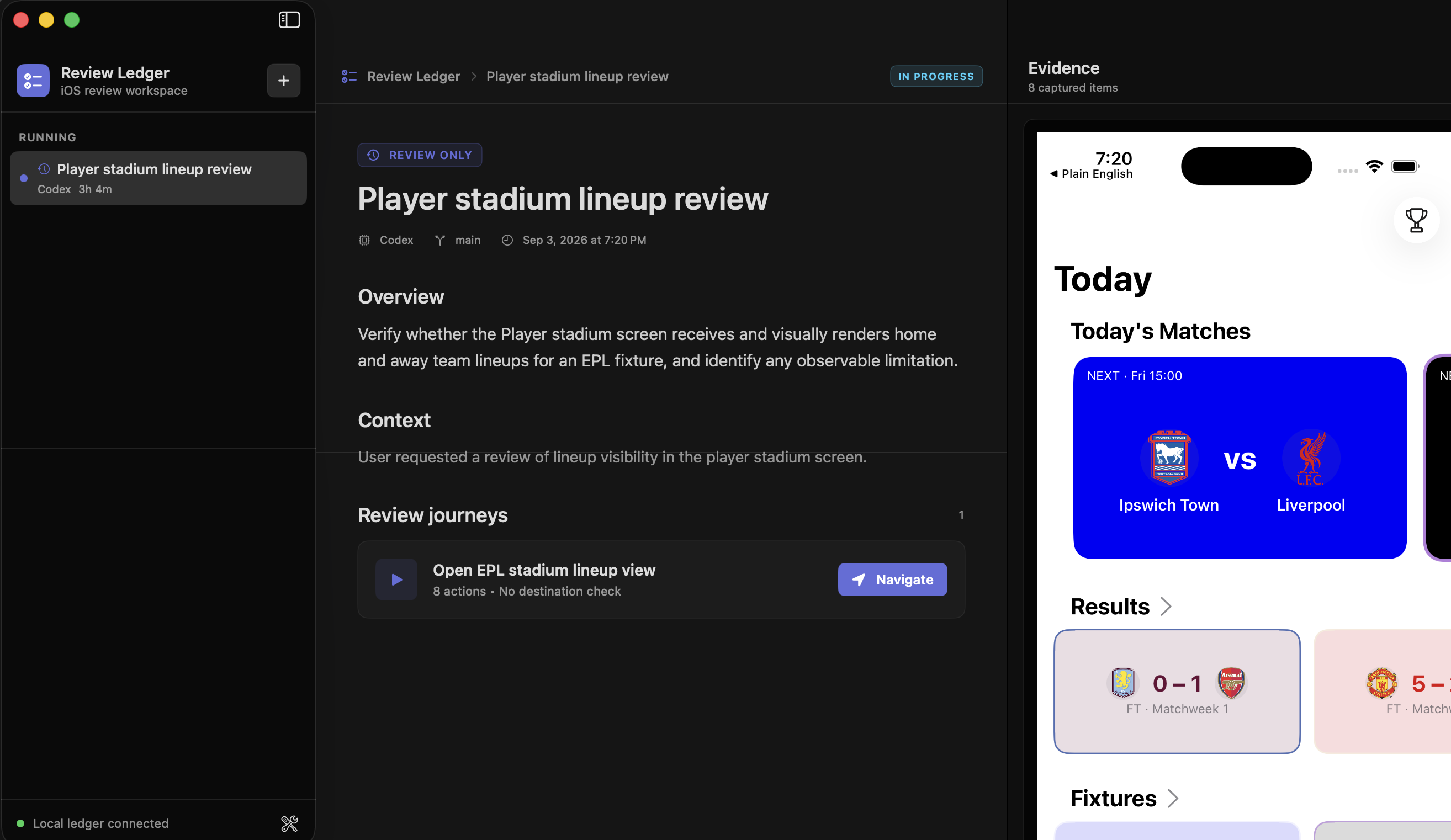 Vibe Verify showing a review journey beside iOS simulator evidence